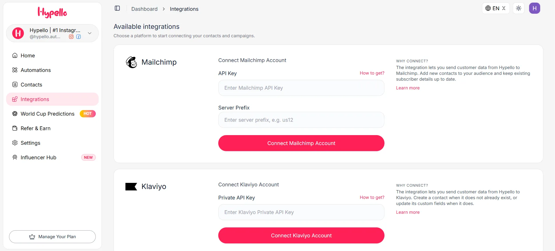 How to Connect Instagram to Mailchimp and Klaviyo with Hypello