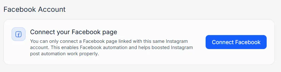 Facebook Account section in Hypello Account Settings with the Connect Facebook button for boosted Instagram post automation