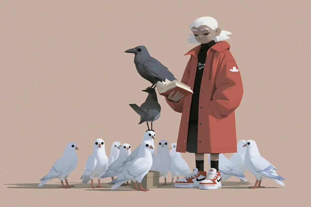 Illustration of a white-haired person in a red coat reading an open book while a crow perches on it, surrounded by white pigeons